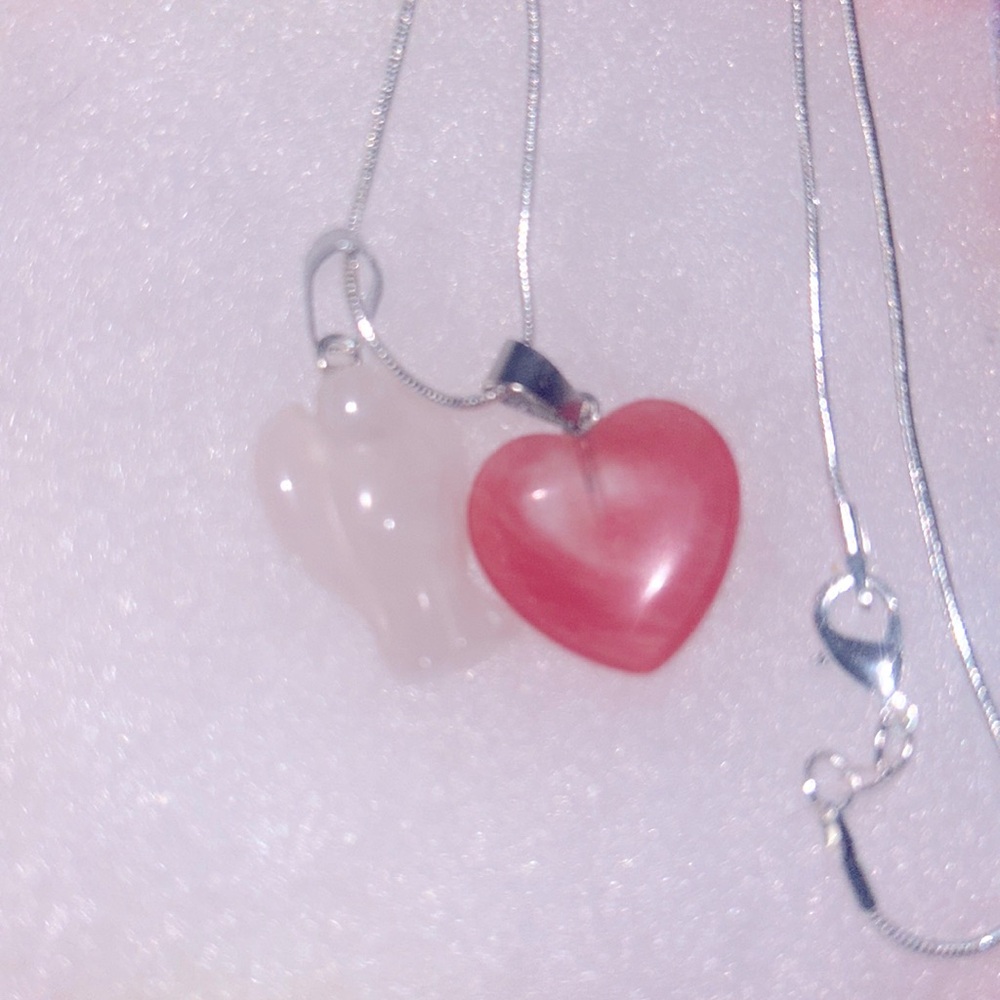 Boho Rose Quartz Crystal Angel snd Cherry Quartz Sterling Silver Necklace 18”